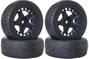 KINGCOO Lot de 4 pneus en caoutchouc et jantes en nylon en forme d'étoile de 52 mm avec hexagone de 12 mm pour voiture de course RC On Road Touring Drift Rallye (noir, 65 mm)