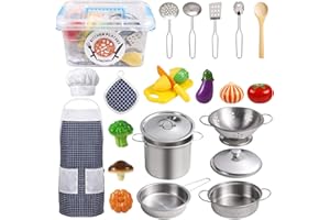 Sundaymot Kids Kitchen Pretend Play Toys Accessories with Stainless Steel Cookware Pots and Pans Set, Cooking Utensils, Apron & Chef Hat, Cutting Vegetables for 3 Year Old Kids, Girls, Boys, Toddlers