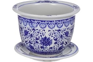 BESPORTBLE Maceta De Porcelana Azul Y Blanca Maceta De Cerámica China con Bandeja De Platillo Contenedor De Plantas con Orificio De Drenaje Bonsái para Decoración De Jardín En Casa Oficina