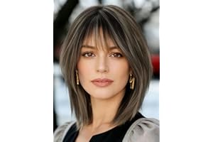 Webshaiy Pelucas Mujer Pelo Natural Peluca Bob Capas Sin Pegamento con Flequillo for mujeres a partir de 40 años Cubre Canas, Peluca Sintética Corta y Recta Para Mujer Rubia Mixto Castaño Frío