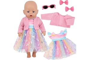 XERTEAM 5 Stück Süßes Puppenkleidung für Baby Puppen, 14-18 Zoll Baby Puppen Kleidung mit Rosa Regenbogen Tüllrock Rosa Jacke Stirnband mit Brille und Schleife, Puppenkleidung 35-43cm Outfit