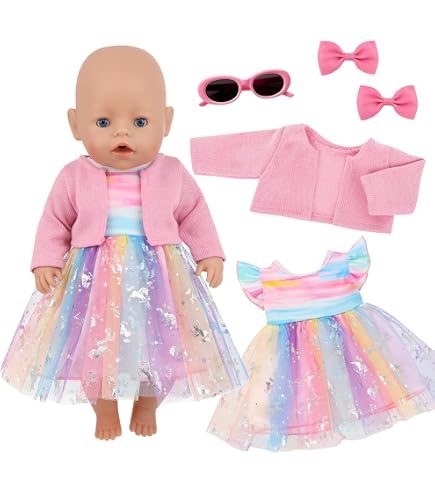 6-teiliges Puppenkleid-Set Für 14–18 Zoll Baby-Puppen – Regenbogen-Tüllrock, Einhorn-Top, Jacke, Brille, Pantoffeln – Tolles Geschenk Für Mädchen (Puppe Nicht Enthalten)