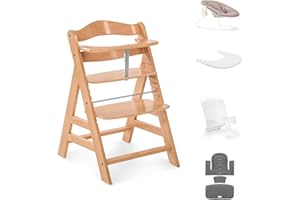 hauck Alpha+ Economy Bundle, Beech Natural - Wooden High Chair from Birth to 99 Years - Grow Along Highchair with Newborn Bouncer, Baby Seat Reducer, Seat Pad and Click On Tray