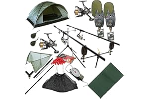 RLF FULL CARP FISHING 2 ROD SET UP - RODS REELS ALARMS NET MAT SLING GREEN BIVVY SET