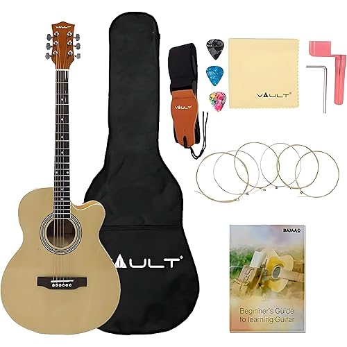 VAULT EA20 Basswood Guitar Kit With Learn To Play E-Book, Bag, Strings, Straps, Picks, String Winder & Polishing Cloth - 40 Inch Cutaway Acoustic Guitar - Natural