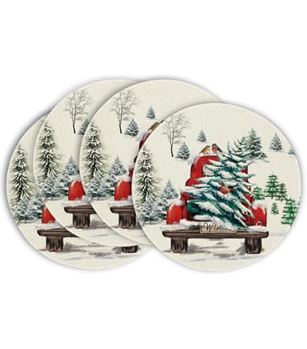 Artoid Mode Rode rendieren Kerst Placemats Set van 4, Ronde 37cm Seizoensgebonden Winter Winter Xmas Vakantie Vintage Wasbare Tafelmatten