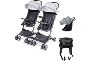 Passeggino Gemellare Divisibile di Zanclem | Passeggino Fratellare Ultraleggero Da Viaggio, Reclinabile Super Accessoriato da 6 mesi a 25 Kg Bagaglio Aereo | Passeggino Compatto e Leggero Grigio