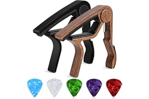 Qetlavee Kapodaster für Gitarre,2 Stück Quick Pitch Guitar Capo mit 5 Plektren für Gitarre, Akustik, Konzertgitarre, E-Gitarre & Ukulele (Schwarz und Holzfarbe)