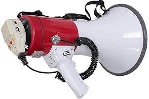 MEGA50USB - LTC - Megafono ricaricabile da 50W con microfono rimovibile, sirena, USB, SD, AUX, controlli MP3, maniglia, tracolla e registrazione dei messaggi - Bianco e rosso