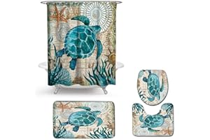 Enhome Juego de 4 Piezas de Alfombra de baño Antideslizante + Tapa de Inodoro + Alfombrilla de baño + Cortina de Ducha, Animal Marino (Tortuga)