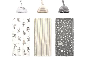 MIRACLE BABY 3 Pack Baby Swaddle Blanket 90×90cm with 3 Hat Set, Soft Knitted Cotton Receiving Blankets, Swaddle Wrap for Newborns Infants Babies (Elephant+Star+Orange gray stripes)