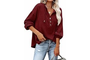 VIGVAN Kapuzenpullover Damen Hoodie Langarm V-Ausschnitt Pullover Knopfleiste Henley Sweatshirt mit Kapuze Kordelzug Oberteil