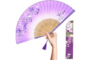 OMyTea "Morning Glory zusammenklappbar Hand Held Fan für Frauen – Japanisches/Chinesisches Vintage Retro Style – mit EIN Gewebe Ärmel für Schutz, violett