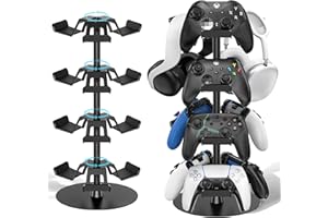 Kosker Support Casque Gamer, Support de Manette Conception Symétrique à 3 Couches Jusqu’à 9 Rangement de Manetes, Support Casque Bureau à 360 Degrés et Facile à Assembler (Noir, 4 Niveau)