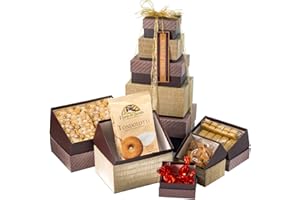 DEVON CERAMICS LTD Tower of Treats - Hamper Gift Box Set with Premium Chocolate, Fudge, Biscuit & Popcorn Treats (Purple & Gold)