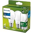 PHILIPS LED Ultra Efficient Light Bulb 2 Pack A Label Energy Rating [White 3000K - E27 Edison Screw] 60W A60 Frosted. for Home Lighting.