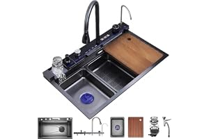 KOOGIMDDR 80 x 50 cm multifunktionell diskbänk i rostfritt stål - 2 vattenfall vattenfall, utdragbar kran, stor diskbänk, med