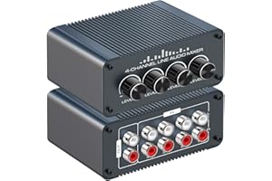 Tendak Mini Passiv Stereo Audio Mixer 4 Kanal Cinch Mini-Stereomischer 4 in 1 out RCA L/R Audiomixer mit Separaten Lautstärkereglern für Mischinstrument, Computer, CD-Player