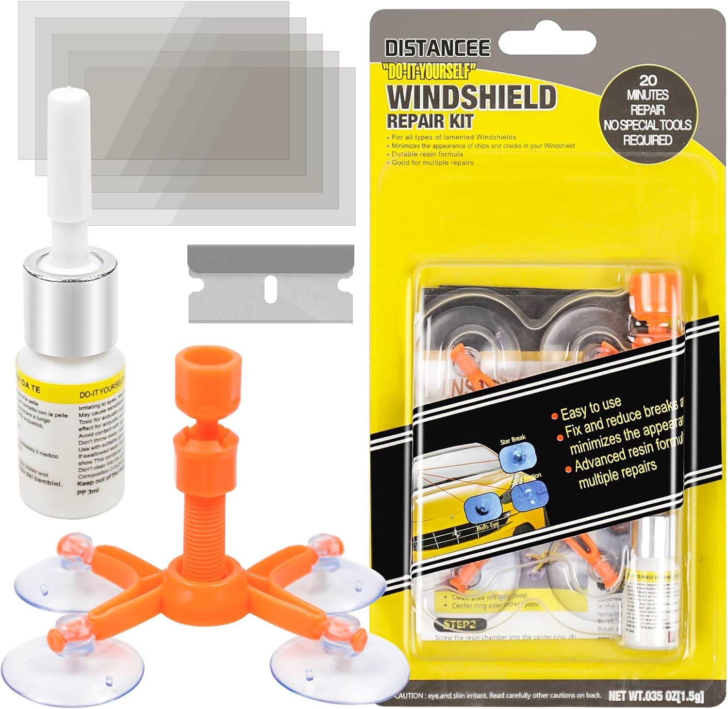 DISTANCEE Windscreen Repair Kit, Car Windscreen Crack Repair Kit with Durable Resin, Fix Auto Windscreen Glass Cracks, Chip, Bulls Eye, Star Break, Half Moon