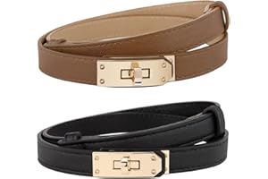 AlGuirnex 2 Pack Women's Slim Belts Adjustable PU Leather Waist Belt (55-95cm), Gold Alloy Buckle, Ladies Thin Waistband Decorative Belt for Dresses Jean Trousers Coats