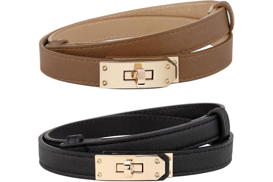 AlGuirnex 2 Pack Women's Slim Belts Adjustable PU Leather Waist Belt (55-95cm), Gold Alloy Buckle, Ladies Thin Waistband Decorative Belt for Dresses Jean Trousers Coats