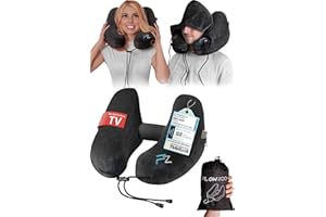 FLOWZOOM Air Oreiller de Voyage Gonflable pour Avion et Voiture – Coussin Cervical de Voyage Réglable avec 5 Positions de Sommeil, Gonflage Rapide, Capuche Amovible, Housse en Peluche – Taille L, Noir