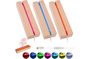 BORDEAG LED Luci Display Base, 3 Pezzi Base Luce Led Legno con USB, Base Rettangolare con Led per Lastra in Acrilico, Lastra in Cristallo, Lunghezza 15 cm, 7 Colori Regolabili