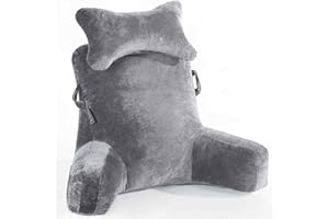 SLIGUY Almohada de Lectura Almohada de Descanso en Cama Extra Grande de 31 Pulgadas con Rollo de Cuello y Brazos Desmontables, Almohadas de Espalda para Adultos para Leer, Relajarse, Gris Oscuro