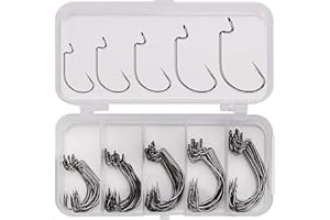 WUDQIJI Angelhaken Set 50 Stück Offset Haken Dropshot Haken Salzwasser Angelhaken Offset Wurm Angeln Haken Offsethaken Offset Wurm Haken mit Kunststoffboxen in 5 Größen für Gummiköder