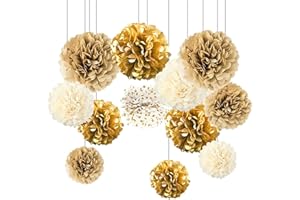 CC wonderland zone Goldene Hochzeit Deko,12 Stück Gold Creme Papier Pompons,Beige Weiß PomPoms für Party Deko