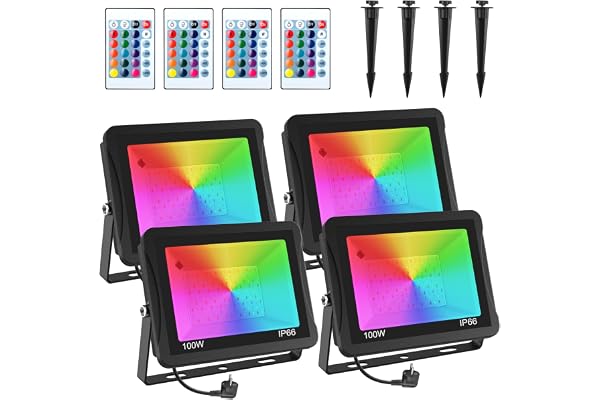 Projecteur LED RGB Exterieur 100W, T-SUNUS Projecteur LED Couleur avec Télécommande, 16 Couleurs 4 Modes, Etanche IP66 Spot Extérieur de Jardin Pour Arbre Soirée Bar Fête Halloween