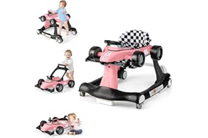 GYMAX Baby Walker, 4 in 1 Foldable Toddler Push Along Walker with Steering Wheel, Music Box, Lights and Comfy Seat, Height & Speed Adjustable Infant Learning to Walk Activity Center (Light Pink)