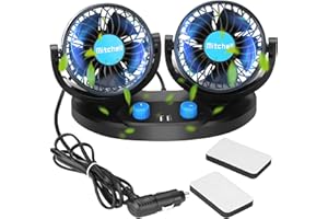 LYtech 12V Ventilateur Auto, 4 Inch à Double Tête et Double Contrôle Ventilateur de Véhicule Rotation à 360° Ventilateur de Ajustement à 2 Vitesses à Port de Charge USB pour SUV RV de Siège Arrière