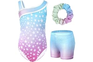 Gogokids - Set da ginnastica in 3 pezzi, con scollo a Y, senza maniche, con pantaloncini e fascia, con motivo a blocchi di colore blu e viola, 3-12 anni