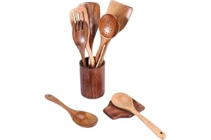 Happysnow 9 Cucharas de Madera para Cocinar con Soporte, Juego de Utensilios de Cocina de Teca