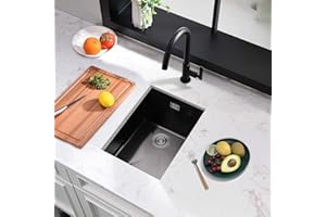 Black Kitchen Sink, 30X40CM Small Sink Stainless Steel Single Bowl, BoomHoze Outdoor Campervan with Overflow, Drainer Fittings, Undermount, Top Mount, Drop in Flushmount Installation, Black