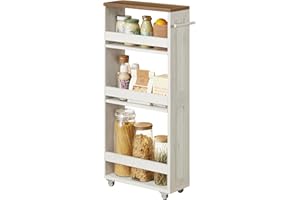 ‎VASAGLE VASAGLE Rollwagen 4 Ebenen Küchenwagen schmal, Nischenregal auf Rollen, Griff, für kleine Räume, 15 x 43,2 x 86,5 cm, Badezimmer, Waschküche, vintageweiß-honigbraun LRC050K01