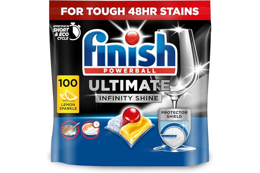 Finish Dishwasher Tablet, Ultimate Infinity Shine, 100 Tablets, Lemon Sparkle, Clean & Shine Detergent Tabs, Tough on Grease Stains, Effective for Short Eco Cycle