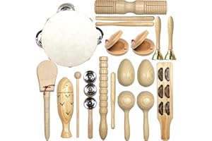 LHYCS Lot de 15 Instruments de Musique pour Enfants, en Bois Naturel, pour Percussions de Tambour de Maracas Bells, Outils pour Enfants, Jouets Musicaux éducatifs Cadeaux d'anniversaire de Noël