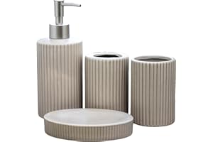 DARTHOME Set Of 4 Ceramic Bathroom Accessories Ribbed Dispenser Dish Toothbrush Tumbler (Sage Grey)