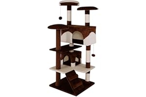 lionto Drapak dla kota z 2 piłkami z pluszu i 3 platformami, wysokość 130 cm, drzewko z sizalem i miękkim pluszem, wygodne legowiska i jaskinie, dla małych i dużych kotów, brązowo-beżowy