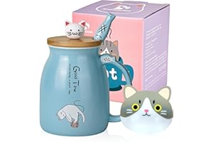 SHENDONG Kubek w kształcie kota, słodka filiżanka do kawy z motywem kota kawaii, drewnianą pokrywką i piękną łyżeczką ze stali nierdzewnej, nowość Poranna filiżanka do kawy, mleka, herbaty, 3D, dla miłośników