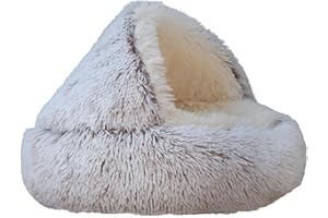 ZvoanSem Calming Round Dog Beds &Cat Cave Bed with Hooded Cover,Plush Fluffy Dog Bed Anti-Anxiety Cat Cave Bed,Waterproof Bottom Washable (Coffee, 20x20inch)