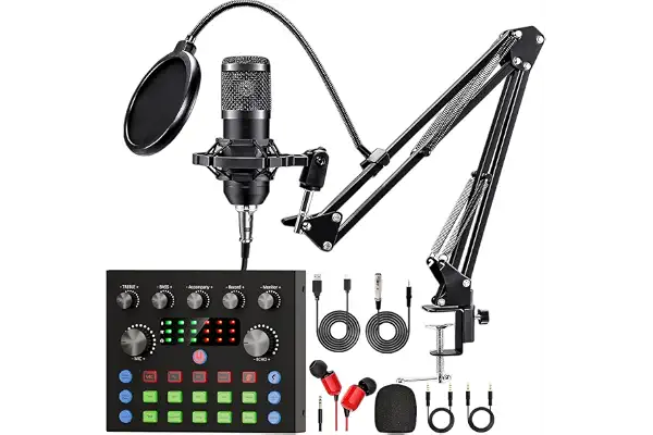 Paquete de equipo para podcast, cambiador de voz y micrófono de condensador, set de micrófonos para podcast para gamers, podcasting, grabación, canto y streaming