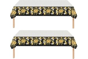 YAAVAAW 2Pcs 54*108 Inch Happy 60th Birthday Table Cloth Covers,Black Gold Birthday Party Tablecloths Party for Men,Women,Him,Her,Large Rectangular Disposable Plastic Tablecloth for 60th Birthday Table Decor