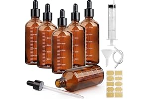 Nadisean 6Pcs Amber Glass Dropper Bottles 100ml, Graduated Pipette Dropper Bottle, Refillable Glass Bottle with Dropper Funnel Stickers for Oil Aromatherapy Blends Massage Perfumes Cosmetics Storage