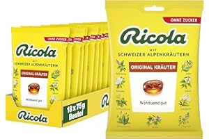 ‎RICOLA Ricola Original Kräuter, 18 Beutel Schweizer Kräuter-Bonbons mit 13 Schweizer Alpenkräutern & Menthol, zuckerfrei, Wohltuend gut, 18 x 75g, vegan