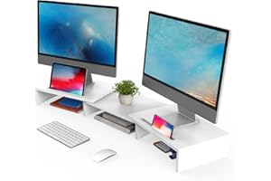 FITUEYES Podwójny stojak na monitor z 2 dodatkowymi uchwytami na telefon, drewniany stojak do ekranu laptopa, 3 półki, regulowana długość obrotowa, artykuły biurowe, organzator, maksymalne obciążenie