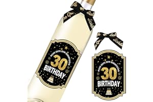SEUNKIEER Etichetta per bottiglia 30° compleanno con fiocco, finitura in oro nero, 8,5 x 11,5 cm Happy Birthday 30 – Decorazione di compleanno per donne e uomini (vino non incluso)