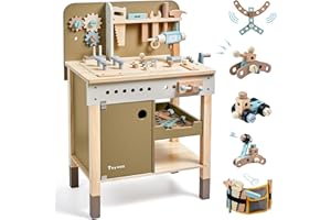 TOYWOO Kinder Werkzeug Set, hölzerne Werkzeuge Bank mit Schürze Kleinkind Spielzeug Werkbank Mit Realistischen Werkzeugen Elektrische Bohrmaschine STEM BAU Spielzeug Geschenke für Alter 3-9Jungen Mädchen